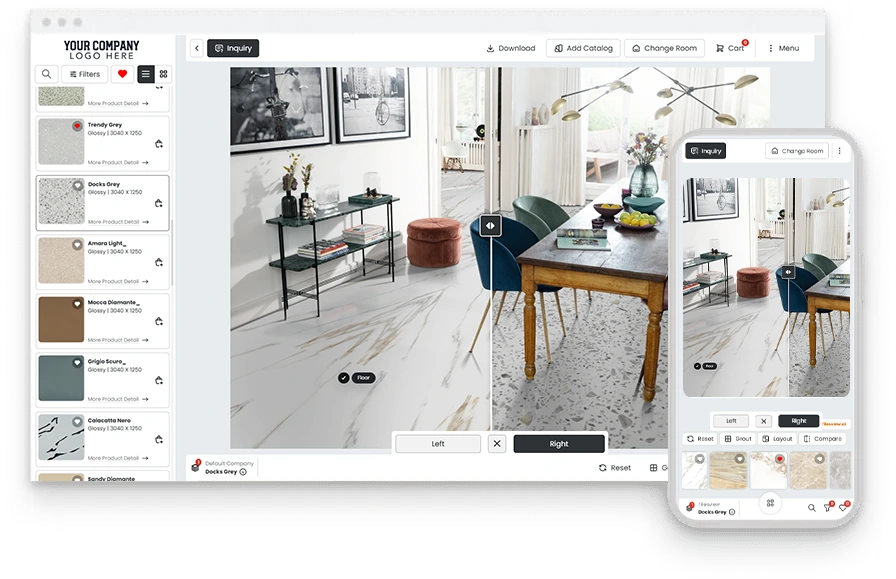Visualizzatore Tilesview che mostra una stanza prima e dopo su desktop e dispositivi mobili