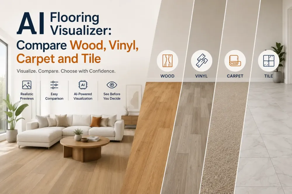 Visualizzatore di pavimenti Ai: confronta legno, vinile, moquette e piastrelle